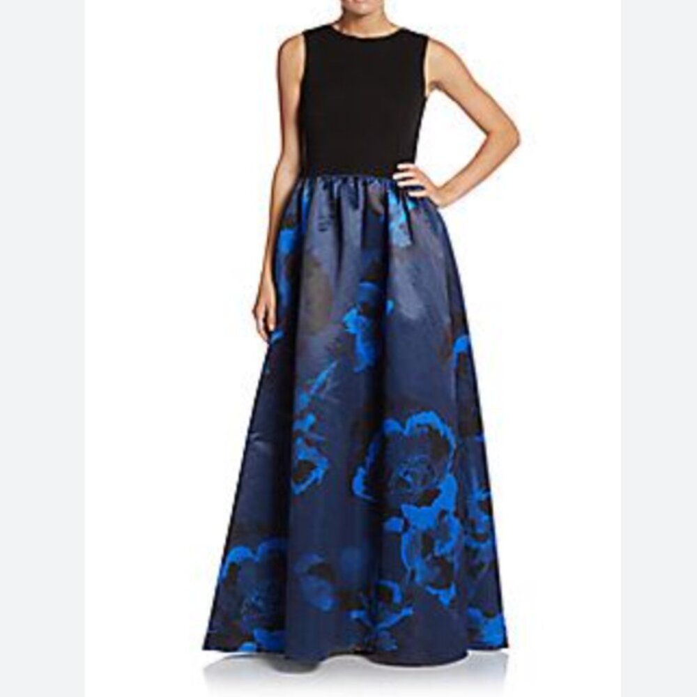 Aidan Mattox Blue & Black Combo Floral Print Fit & Flare BallGown Dress Sz 0